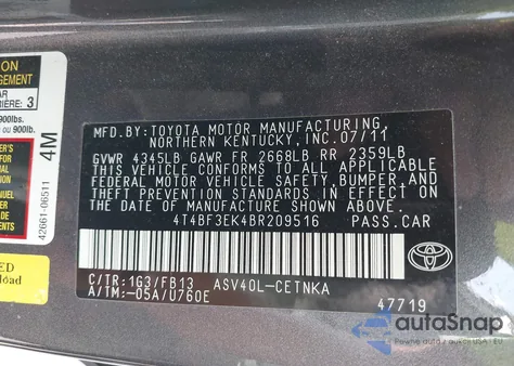 2011 Toyota Camry Le z USA, uszkodzony, nr VIN 4T4BF3EK4BR209516